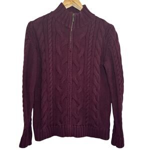 L.L. Bean Women's Medium Maroon Cable Knit High Collar Cotton Zip Up Sweater